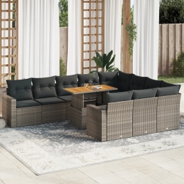Set de sofás de jardín 11 pzas y cojines ratán sintético gris