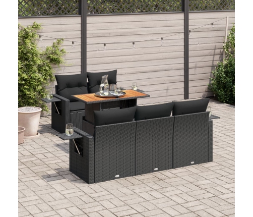 Set de sofás de jardín 6 piezas y cojines ratán sintético negro