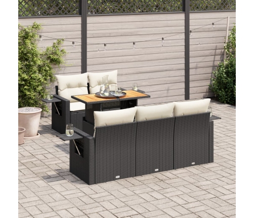Set de sofás de jardín 6 piezas y cojines ratán sintético negro