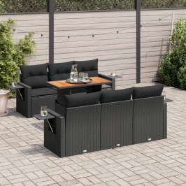 Set de sofás de jardín 7 pzas con cojines ratán sintético negro