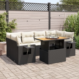 Set de sofás de jardín 7 pzas con cojines ratán sintético negro