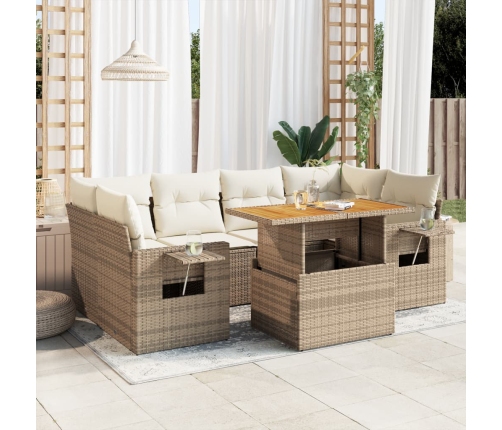 Set sofás de jardín 7 piezas y cojines ratán sintético beige