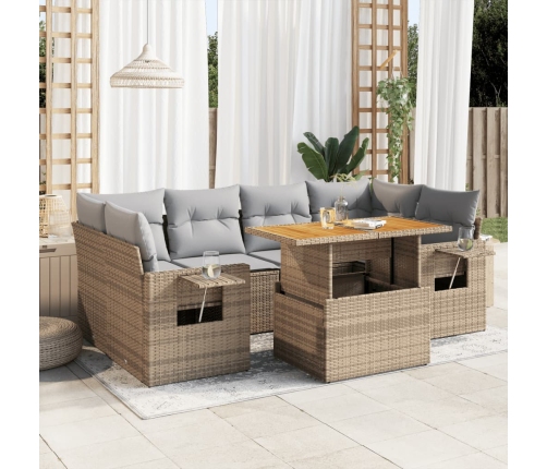Set sofás de jardín 7 piezas y cojines ratán sintético beige