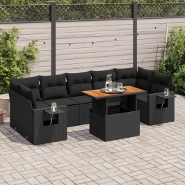 Set de sofás de jardín y cojines 8 piezas ratán sintético negro