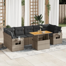 Set de sofás de jardín y cojines 8 piezas ratán sintético gris