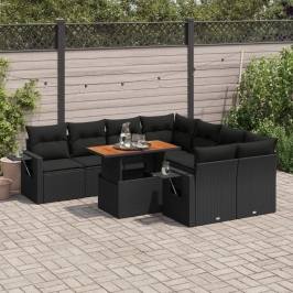 Set de sofás de jardín con cojines 9 pzas ratán sintético negro
