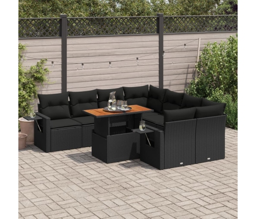 Set de sofás de jardín con cojines 9 pzas ratán sintético negro