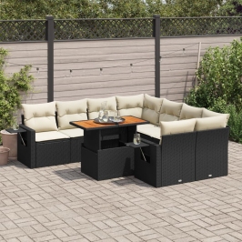 Set de sofás de jardín con cojines 9 pzas ratán sintético negro