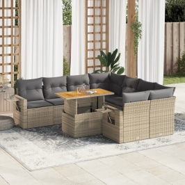 Set de sofás de jardín con cojines 9 pzas ratán sintético beige