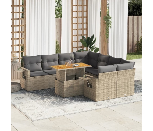 Set de sofás de jardín con cojines 9 pzas ratán sintético beige