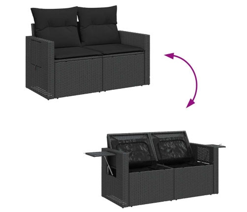 Set de sofás de jardín 6 piezas y cojines ratán sintético negro