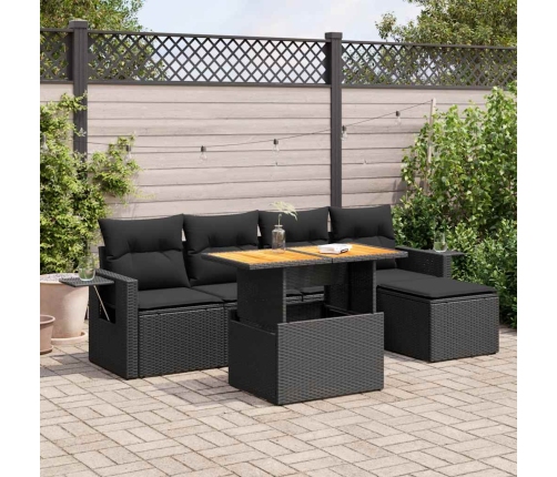 Set de sofás de jardín 6 piezas y cojines ratán sintético negro