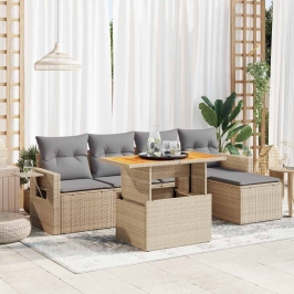 Juego de sofás jardín con cojines 6 pzas ratán sintético beige