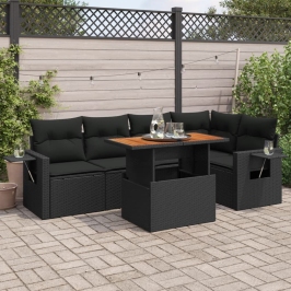 Set de sofás de jardín 6 piezas y cojines ratán sintético negro