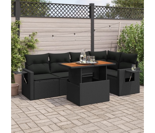 Set de sofás de jardín 6 piezas y cojines ratán sintético negro