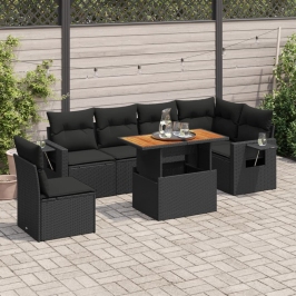 Set de sofás de jardín 7 pzas con cojines ratán sintético negro