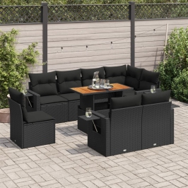 Set de sofás de jardín con cojines 9 pzas ratán sintético negro