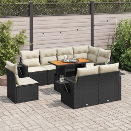 Set de sofás de jardín con cojines 9 pzas ratán sintético negro
