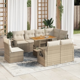 Set de sofás de jardín con cojines 9 pzas ratán sintético beige