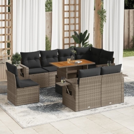 Set de sofás de jardín con cojines 9 pzas ratán sintético gris