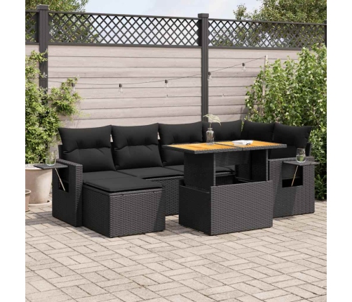 Set de sofás de jardín 7 pzas con cojines ratán sintético negro
