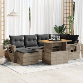 Set de sofás de jardín 7 pzas con cojines ratán sintético gris