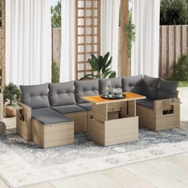 Set de sofás de jardín y cojines 8 piezas ratán sintético beige