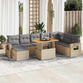 Set de sofás de jardín con cojines 9 pzas ratán sintético beige