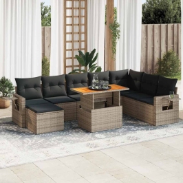 Set de sofás de jardín con cojines 9 pzas ratán sintético gris