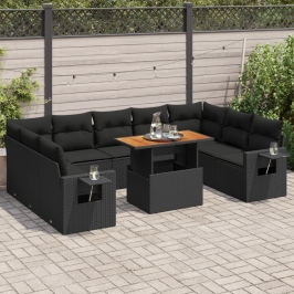 Set de sofás de jardín y cojines 10 pzas ratán sintético negro