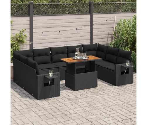 Set de sofás de jardín y cojines 10 pzas ratán sintético negro