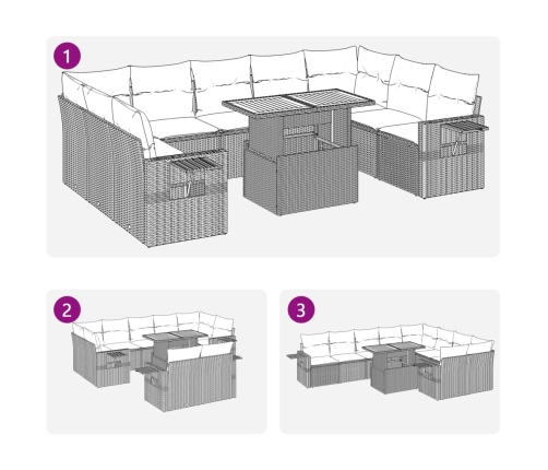 Set de sofás de jardín y cojines 10 pzas ratán sintético gris