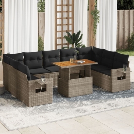 Set de sofás de jardín y cojines 10 pzas ratán sintético gris