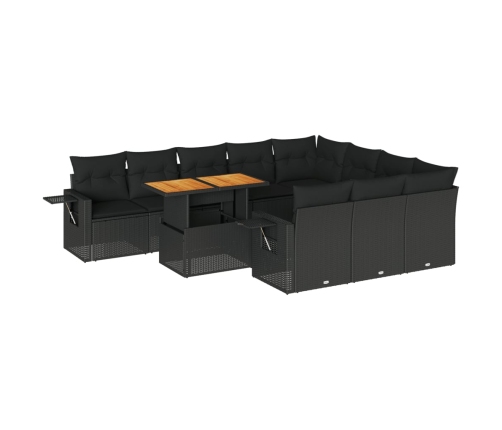 Set de sofás de jardín 11 pzas y cojines ratán sintético negro
