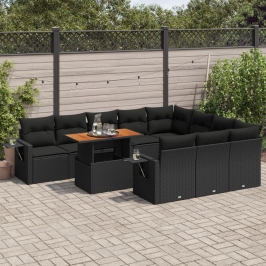 Set de sofás de jardín 11 pzas y cojines ratán sintético negro