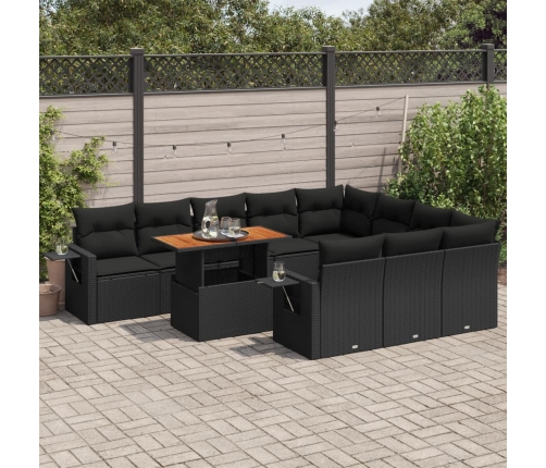 Set de sofás de jardín 11 pzas y cojines ratán sintético negro
