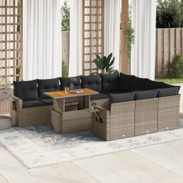 Set de sofás de jardín 11 pzas y cojines ratán sintético gris