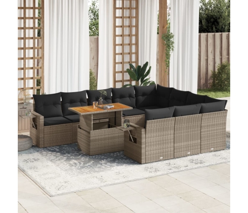 Set de sofás de jardín 11 pzas y cojines ratán sintético gris
