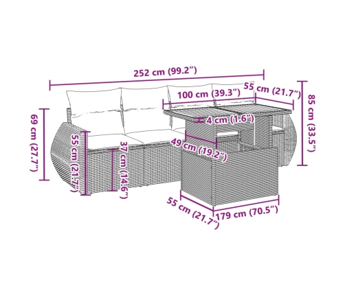 Set de muebles de jardín 5 pzas y cojines ratán sintético negro