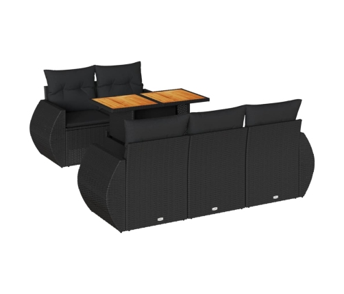 Set de sofás de jardín 6 piezas y cojines ratán sintético negro