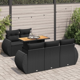 Set de sofás de jardín 6 piezas y cojines ratán sintético negro