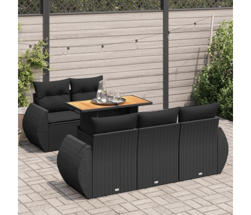 Set de sofás de jardín 6 piezas y cojines ratán sintético negro
