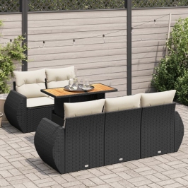Set de sofás de jardín 6 piezas y cojines ratán sintético negro