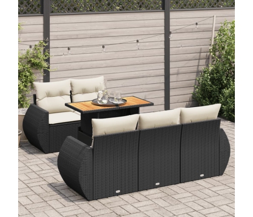 Set de sofás de jardín 6 piezas y cojines ratán sintético negro
