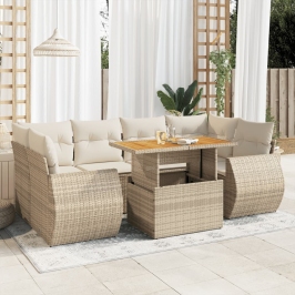 Set sofás de jardín 7 piezas y cojines ratán sintético beige