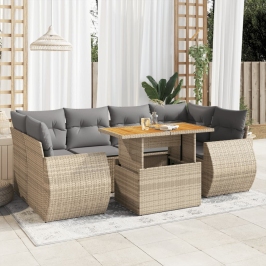 Set sofás de jardín 7 piezas y cojines ratán sintético beige