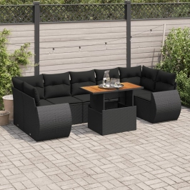 Set de sofás de jardín y cojines 8 piezas ratán sintético negro