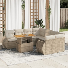 Set de sofás de jardín con cojines 9 pzas ratán sintético beige
