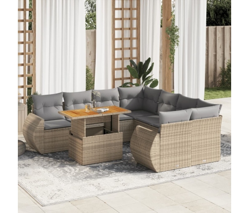 Set de sofás de jardín con cojines 9 pzas ratán sintético beige