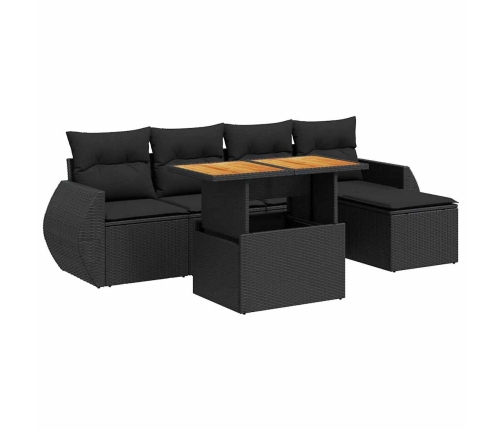 Set de sofás de jardín 6 piezas y cojines ratán sintético negro
